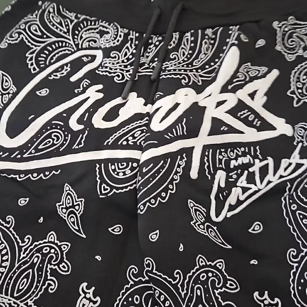 Crooks and Castles Men's Paisley Fleece Shorts Black White Medium
